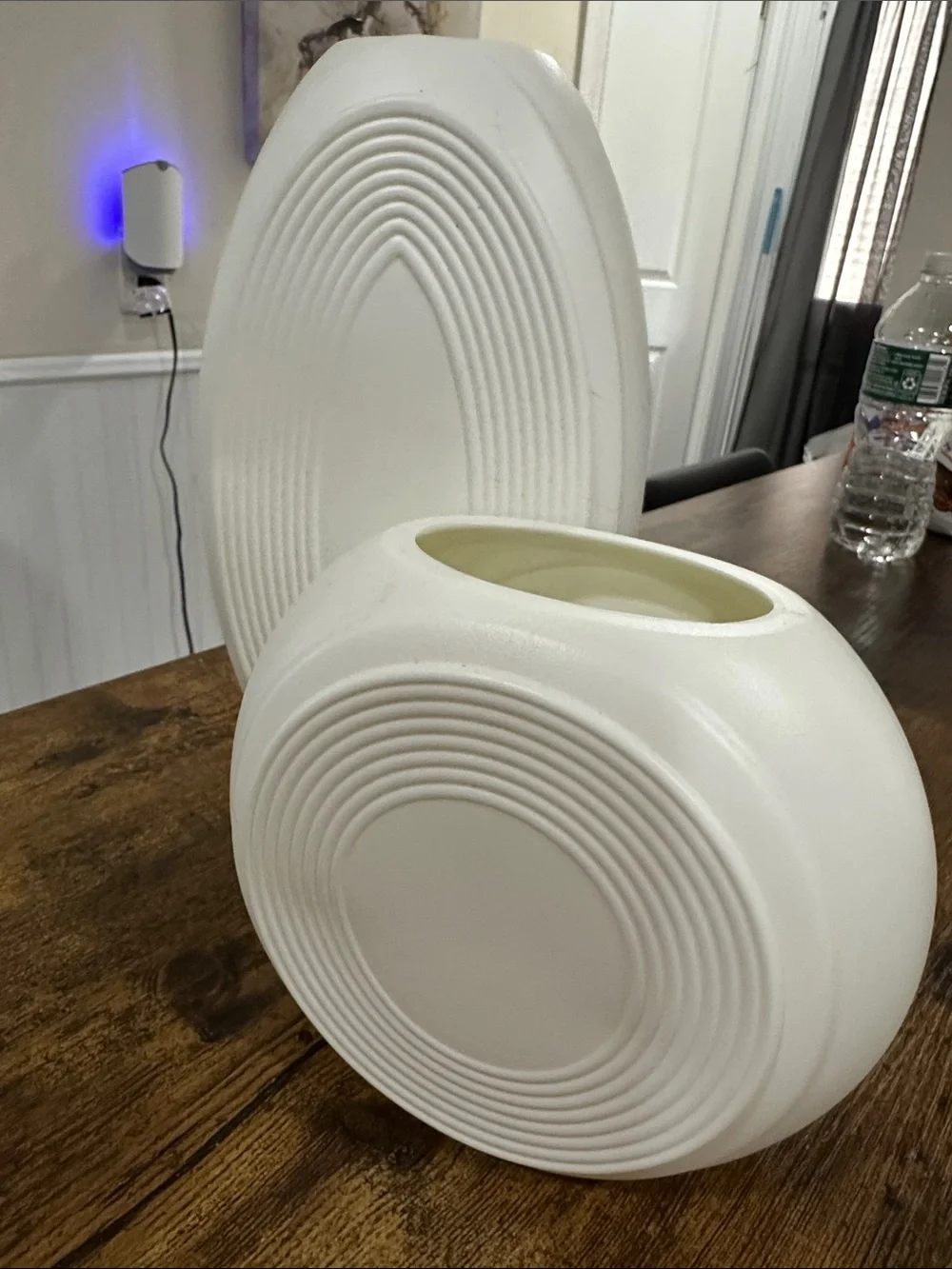 Modern White Ceramic Vase Pair with Concentric Ring Design
